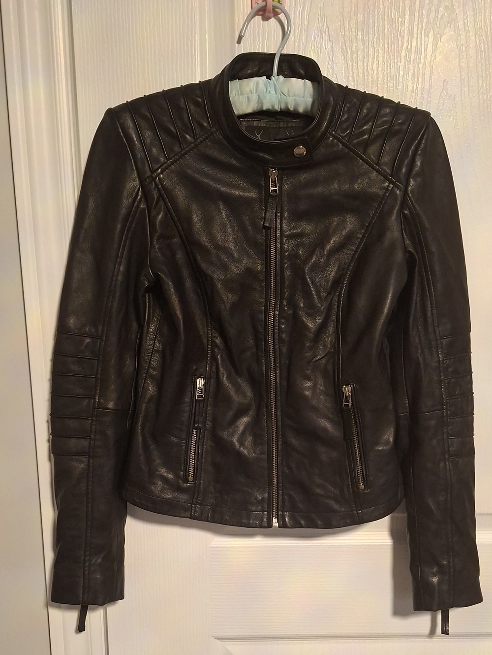 Women's Black Leather Moto Jacket with Quiltedā Shoulder Detail